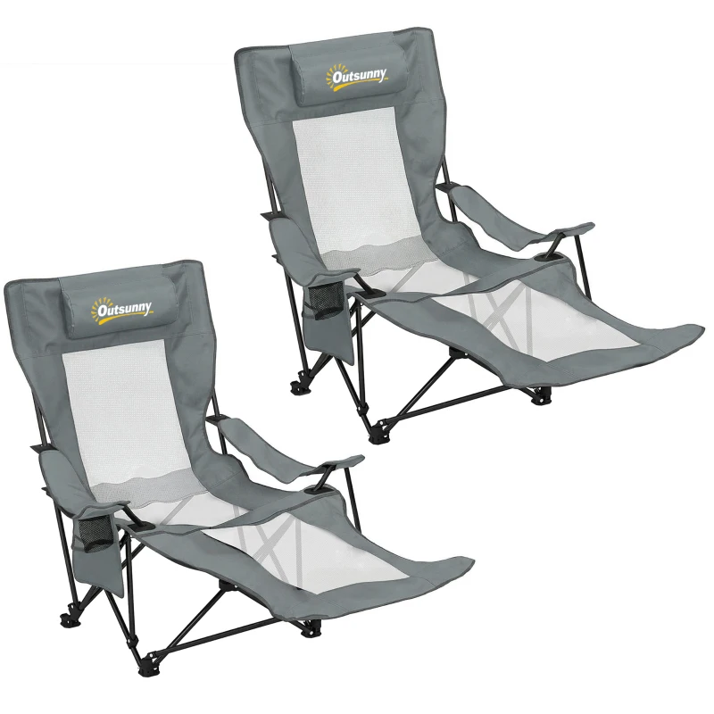 Outsunny Lot de 2 Chaises de Camping Pliante Inclinable 4 Positions, Repose-Pieds Amovible, Porte-Gobelet, 165x80x90cm, Gris
