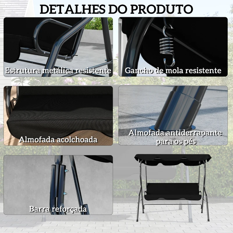 Outsunny Baloiço de Jardim de 2-3 Lugares com Toldo Ajustável Impermeável e Estrutura de Aço para Pátio Varanda 170x110x153 cm Preto