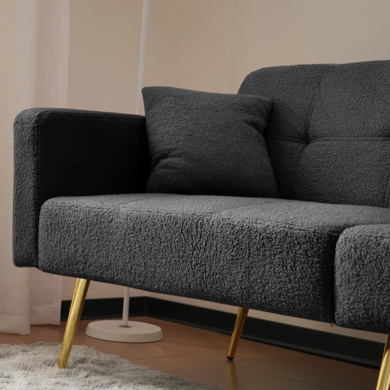 Divano letto con funzione letto, schienale regolabile, gambe dorate, rivestimento in sherpa, 175x64x72 cm, Grigio