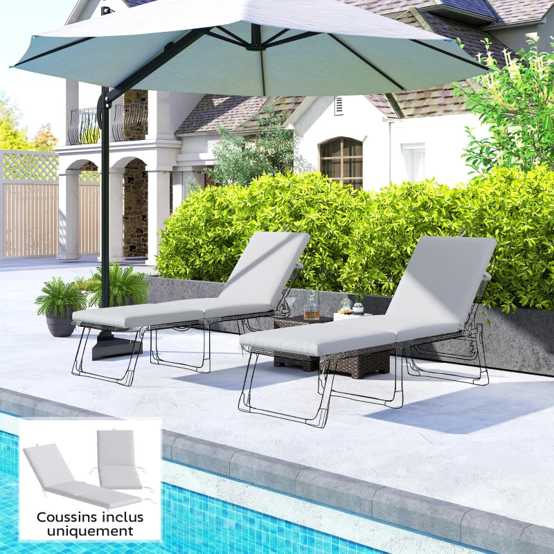 Outsunny Lot de 2 Coussins de Chaise Longue avec 5 Sangles et Poignée Intégrée, pour Plage Balcon Jardin, 182x53x6cm, Gris Clair