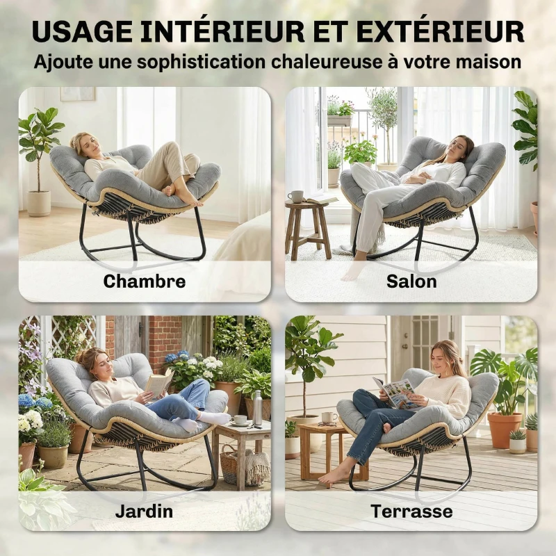 Outsunny Fauteuil à bascule de jardin pour intérieur et extérieur, rocking chair en résine tressée avec coussin moelleux, gris