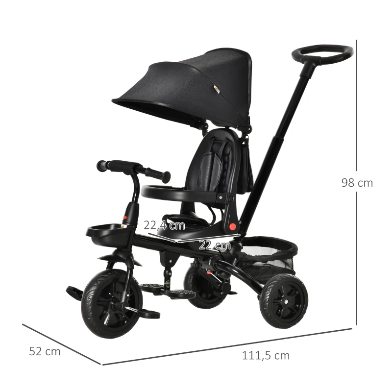HOMCOM Triciclo Bebé 4 en 1 Bicicleta para Niños 1-5 Años con Asiento Giratorio Capota Ajustable Mango de Empuje Telescópico y Reposapiés Plegable Carga 25 kg 111,5x52x98 cm Negro