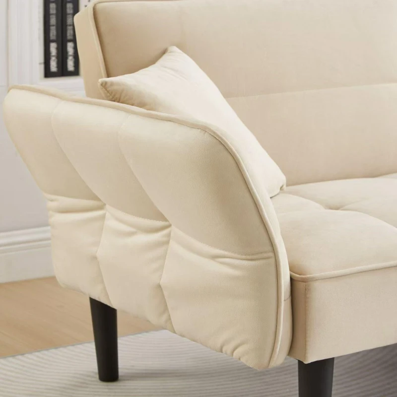 Divano-letto 2-in-1, schienali regolabili, rivestimento in velluto, gambe in legno, 176x78x76 cm, Beige