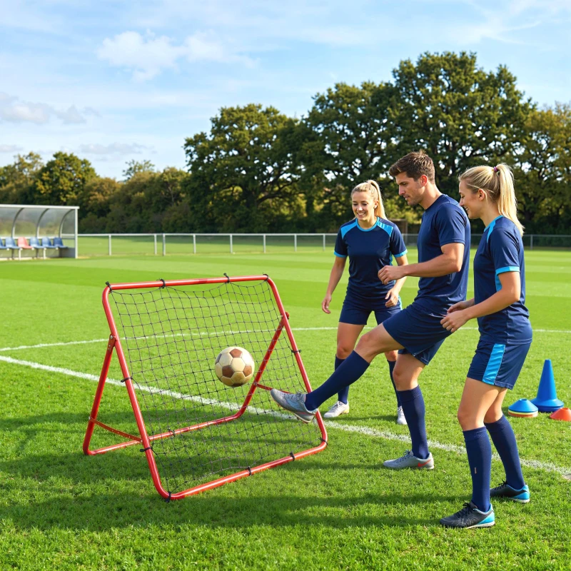 SPORTNOW Rete di Rimbalzo per Calcio Portatile, 5 Angoli Regolabili in Acciaio e Nylon a Doppio Strato, 103x72x89cm, Rosso