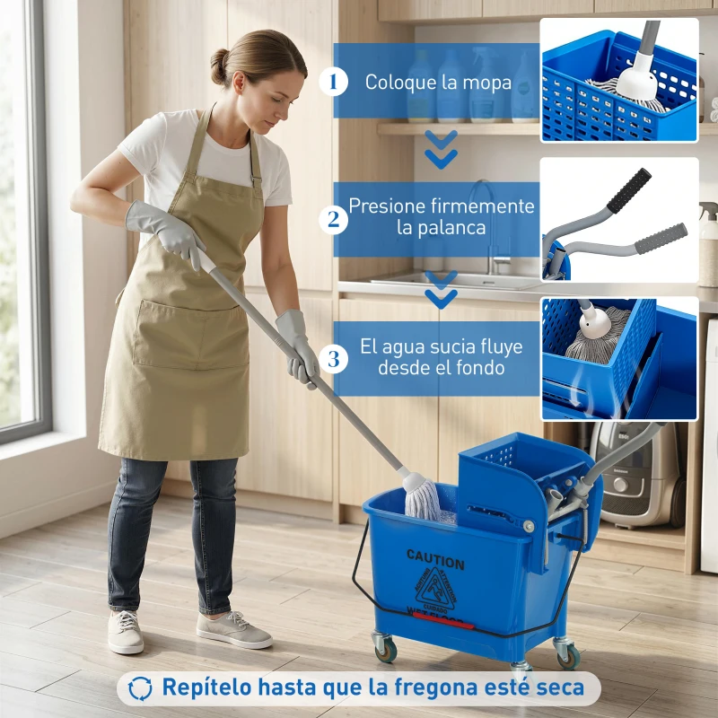 HOMCOM Cubo de Fregar con Escurridor Panel Separador y Ruedas Capacidad 20L para Limpieza Doméstica 45x26,5x70 cm Azul