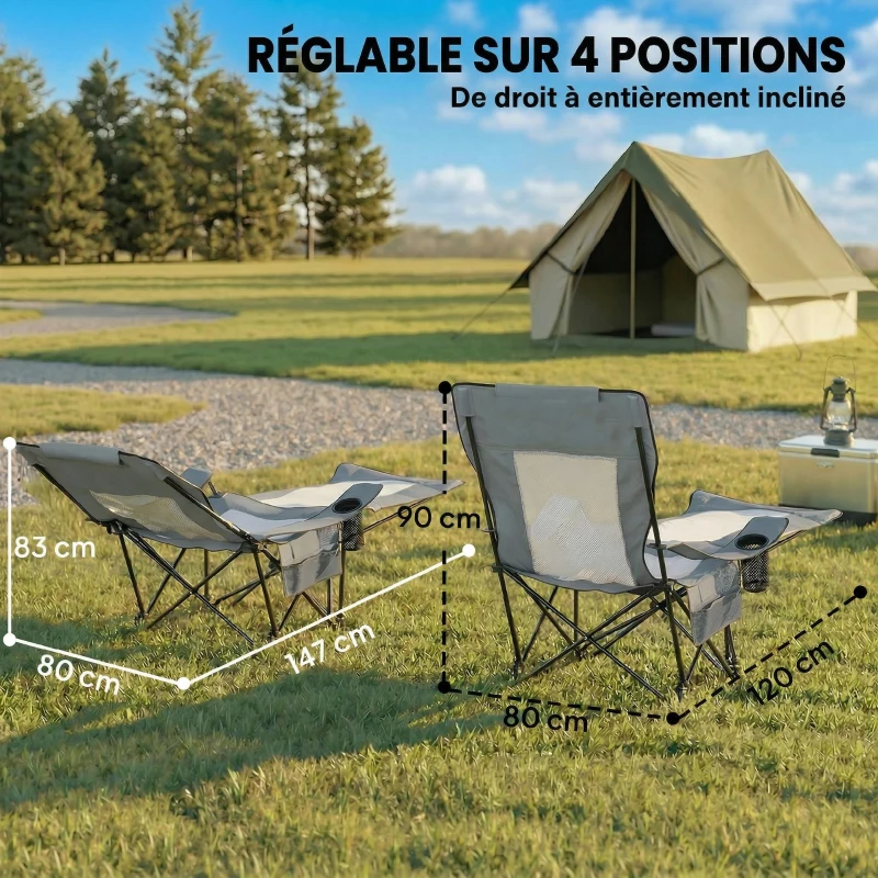 Outsunny Lot de 2 Chaises de Camping Pliante Inclinable 4 Positions, Repose-Pieds Amovible, Porte-Gobelet, 165x80x90cm, Gris