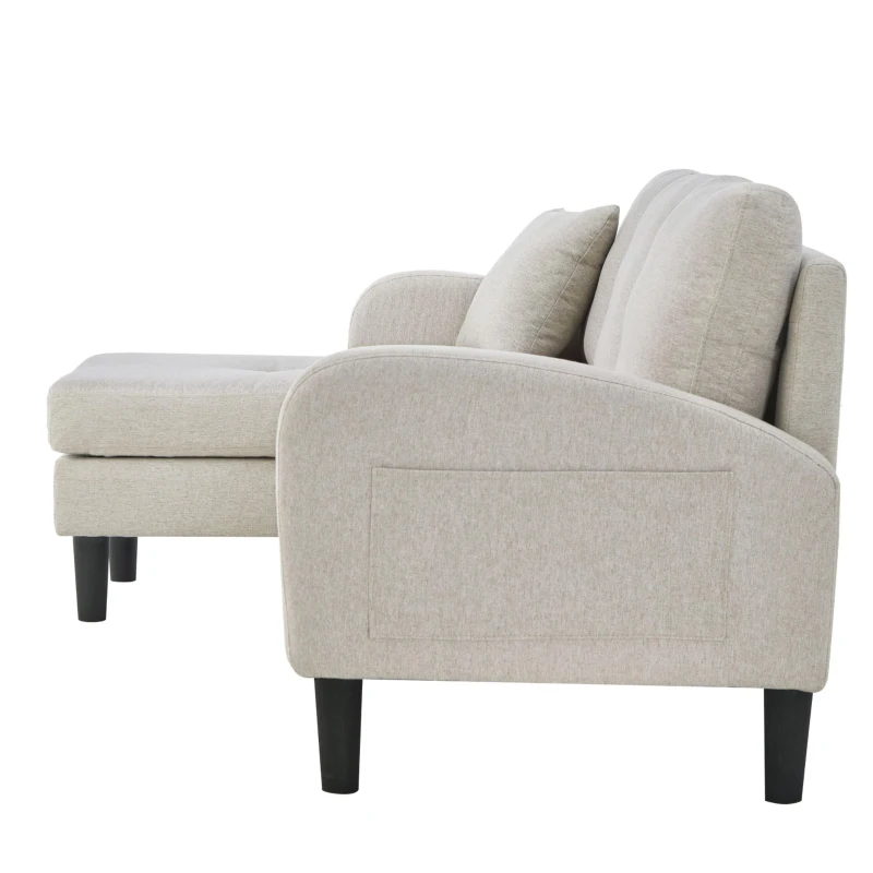 Divano angolare a forma di L con chaise longue, rivestimento in cotone-lino, cuscini inclusi, 166x118x77 cm, Grigio e bianco