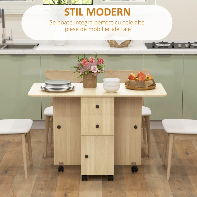 HOMCOM Masă de Bucătărie Pliabilă, Masă Rabatabilă cu Roți și Frâne pentru 6 Persoane, Birou Pliabil cu 2 Sertare și Dulap, pentru Living, 120x60x76.5 cm, Lemn Natural