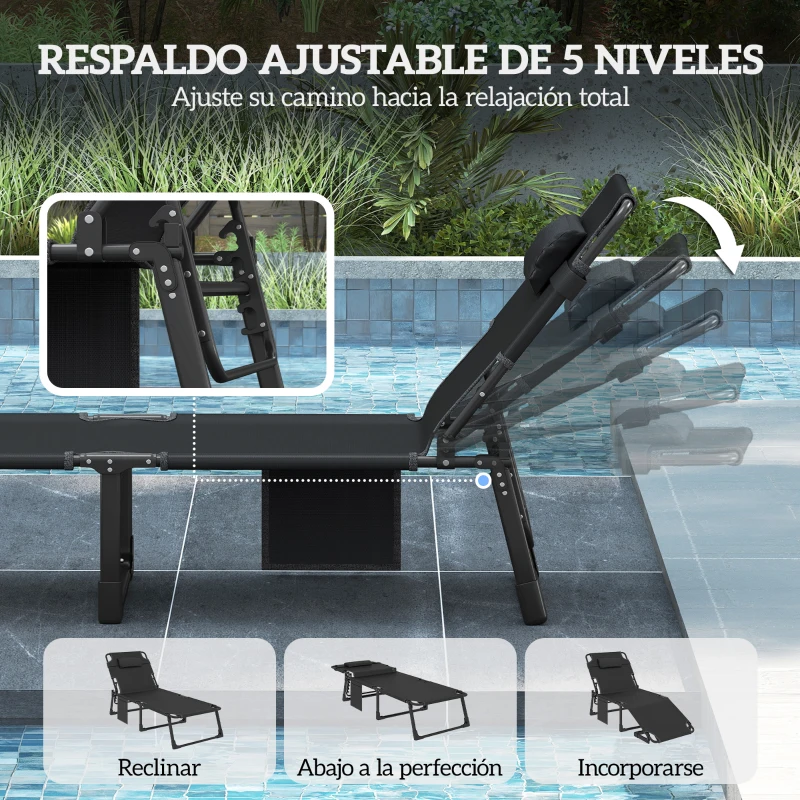 Outsunny Set de 2 Tumbonas Plegables con Reposacabezas Cojines Bolsillo Lateral y Respaldo Reclinable 5 Posiciones Gris Oscuro