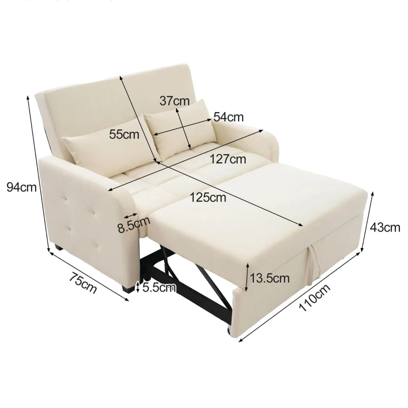 Divano-letto pieghevole multifunzionale, 2-in-1, schienale regolabile, rivestimento in cotone e lino, 127x75x94 cm, Beige