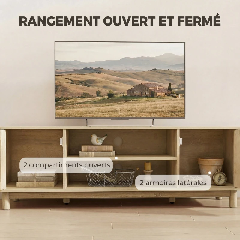 HOMCOM Meuble TV 135 cm, meuble télé pour téléviseur jusqu'à 65 pouces avec 2 portes en rotin, 2 compartiments ouverts, chêne