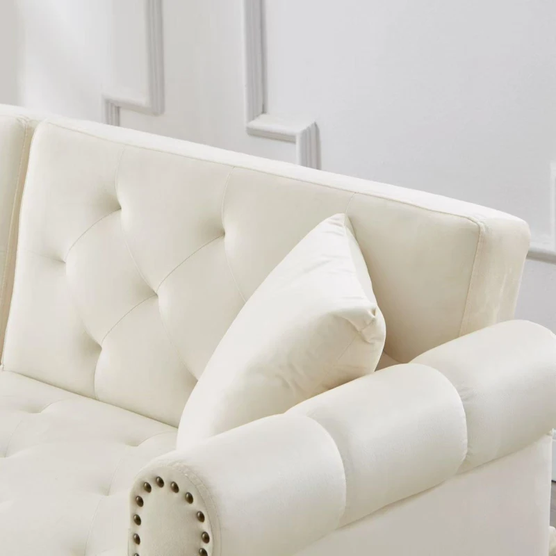 Divano letto 2 posti, rivestimento in velluto, piedi dorati, 173x75x70 cm, Beige