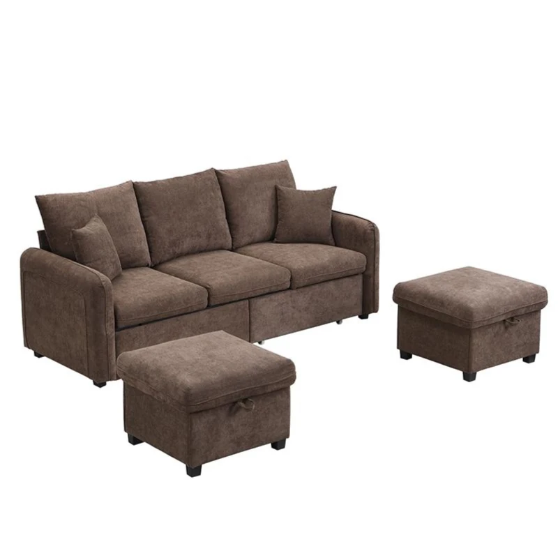 Divano angolare a U, con vano contenitore, pouf incluso, rivestimento in chenille, 188x186x86 cm, Marrone