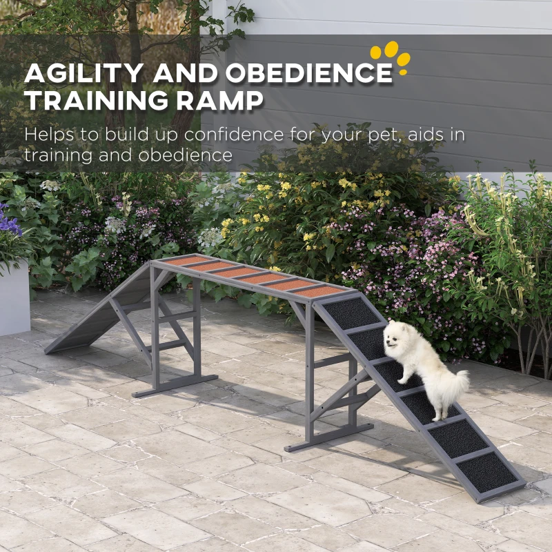 PawHut Rampa Agility dla Psów ze Stangą Bezpieczeństwa i Antypoślizgową Powierzchnią, Odporna na Warunki Atmosferyczne, do 40 kg, 335x55x60 cm, Szary