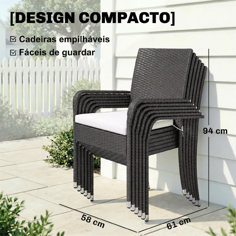 Outsunny Conjunto de Mesa e Cadeiras de Jardim em Vime 7 peças com Mesa Extensível em Madeira e 6 Cadeiras Empilháveis Creme