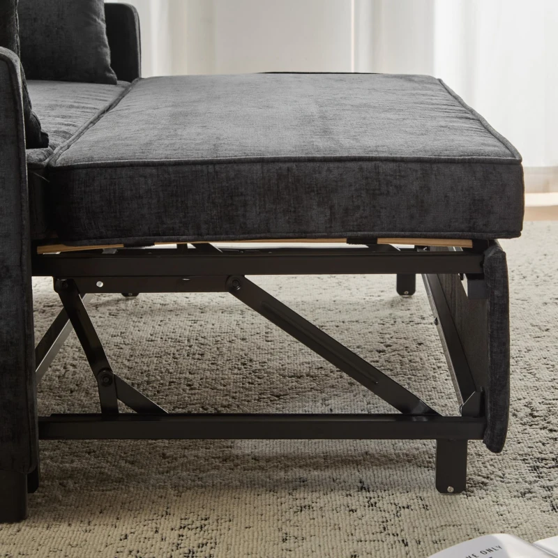 Divano letto a due posti con funzione letto, estraibile, schienale regolabile, rivestimento in chenille, 142x79x85 cm, Nero anticato