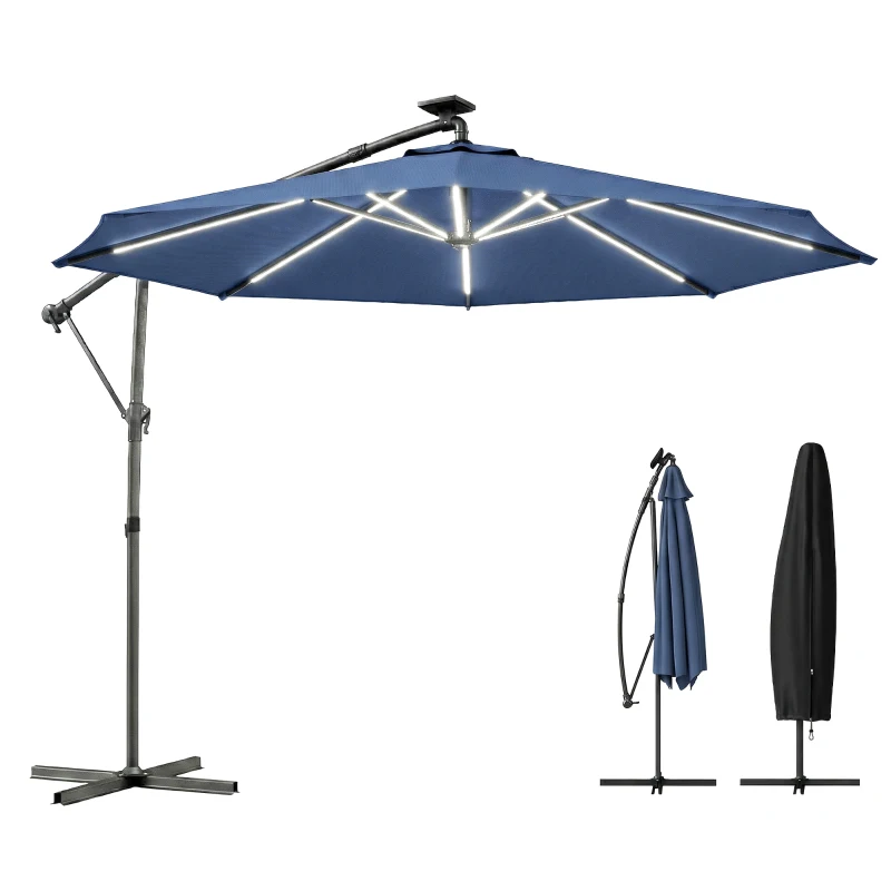 Outsunny 3 m Garden Cantilever Parasol with LED Solar Light, Round Overhanging Umbrella with 360° Rotation, Cover, Navy Blue