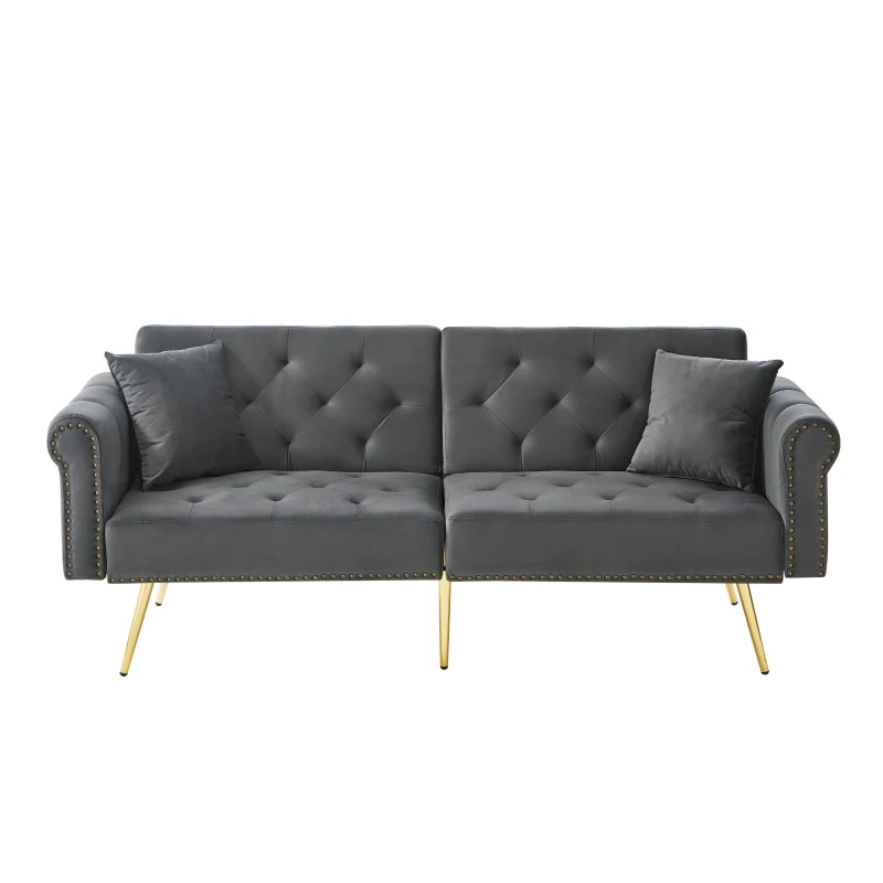 Divano letto 2 posti, rivestimento in velluto, piedi dorati, 173x75x70 cm, Grigio