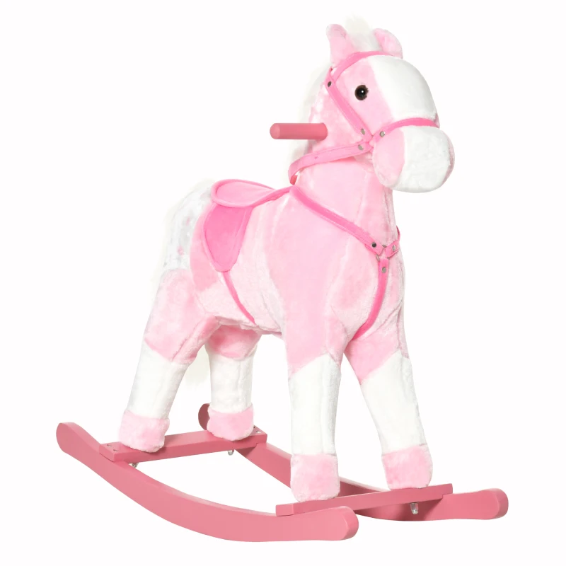 HOMCOM Cavallo a Dondolo in Legno con Suono Animale Regalo Giocattolo per i Bambini, 74 x 28 x 65 cm, Rosa