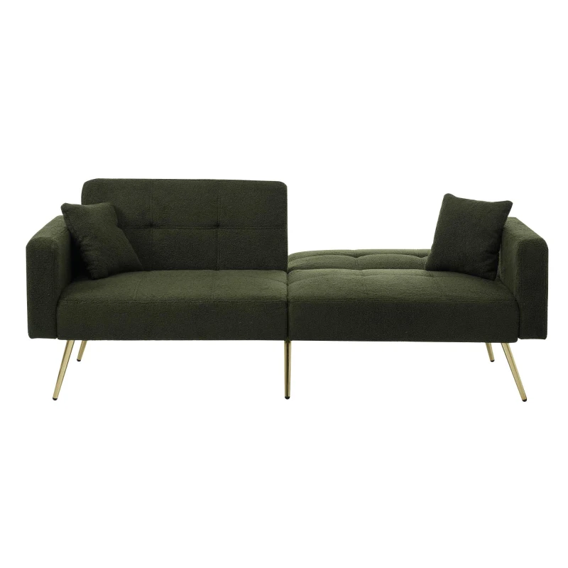 Divano letto con funzione letto, schienale regolabile, gambe dorate, rivestimento in sherpa, 175x64x72 cm, Verde