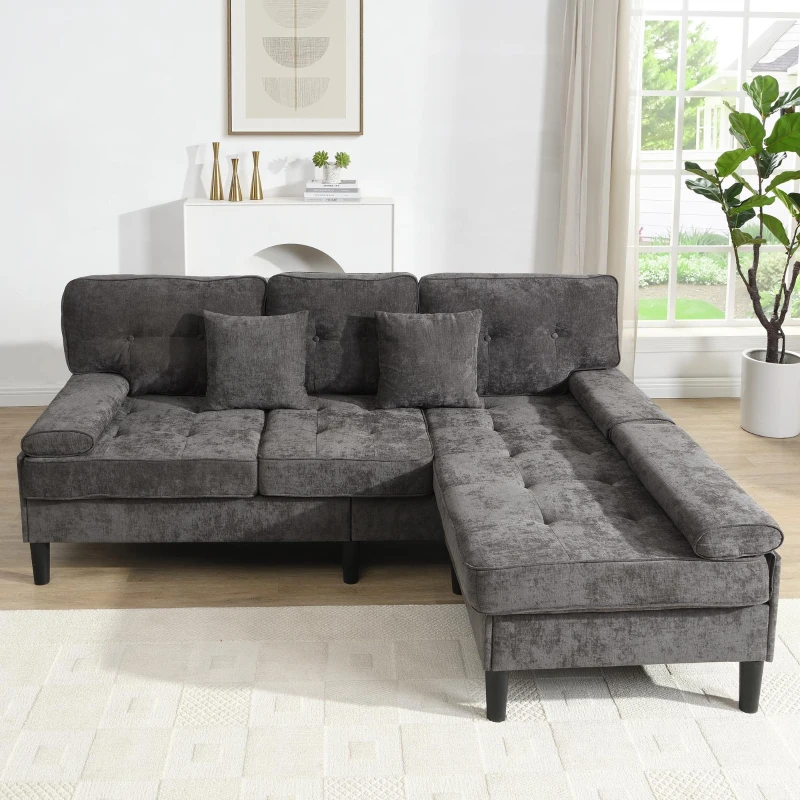 Divano angolare a L in chenille, pouf mobile, cuscini inclusi, 195x149x86 cm, Grigio
