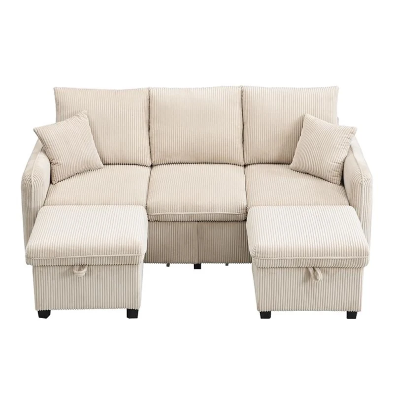 Divano angolare a U, con vano contenitore, pouf incluso, rivestimento in chenille, 188x186x86 cm, Beige