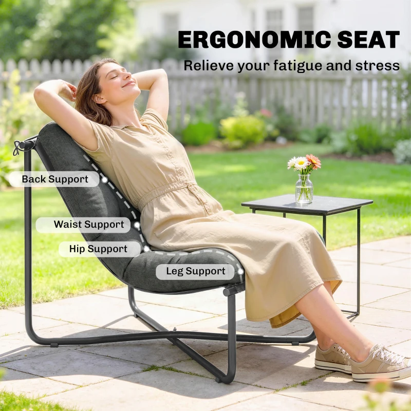 Outsunny Fotel Wypoczynkowy Ogrodowy Ergonomiczny z Przyjazną dla Skóry Poduszką Szerokim Siedziskiem Stalową Konstrukcją Ciemnoszary