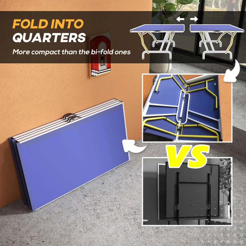 SPORTNOW Stół do tenisa stołowego, składany, w zestawie 2 rakietki, 3 piłeczki, siatka, do wnętrz, metalowa konstrukcja, 274x152x76 cm, niebieski