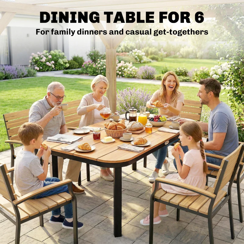 Outsunny Stół ogrodowy, stół jadalniany dla 6 osób, stół na balkon z metalową ramą, blat z listew WPC, 155 x 88 x 72 cm, brązowy
