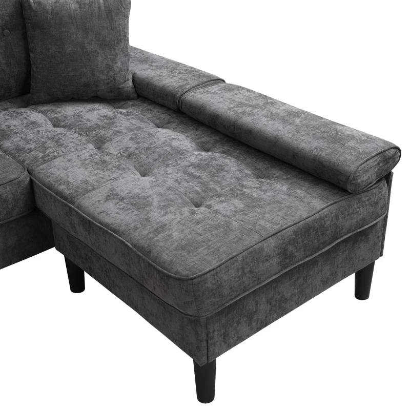 Divano angolare a L in chenille, pouf mobile, cuscini inclusi, 195x149x86 cm, Grigio