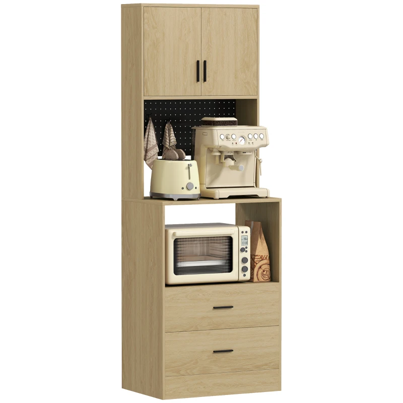 HOMCOM Meuble micro-ondes, buffet, 2 tiroirs, 2 portes, plan de travail, étagère réglable, panneau perforé, 4 crochets, naturel