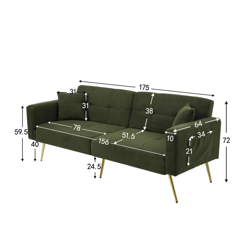 Divano letto con funzione letto, schienale regolabile, gambe dorate, rivestimento in sherpa, 175x64x72 cm, Verde