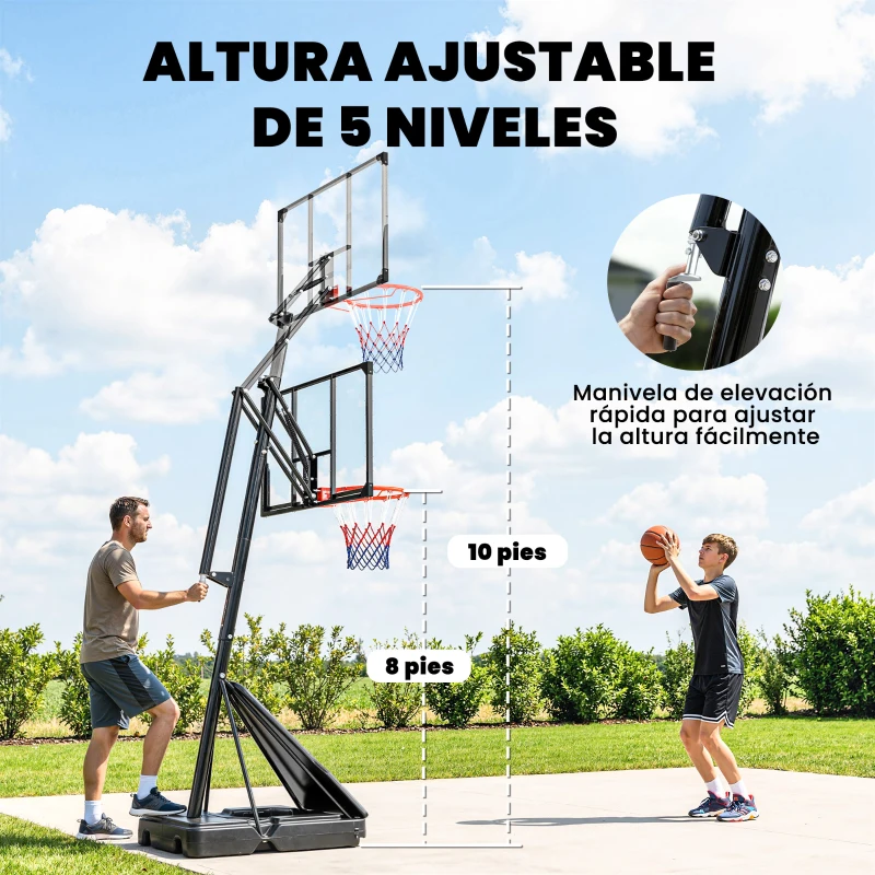 SPORTNOW Canasta de Baloncesto para Exterior Ajustable de 245-305 cm con Ruedas Base Rellenable y Sistema de Retorno Negro