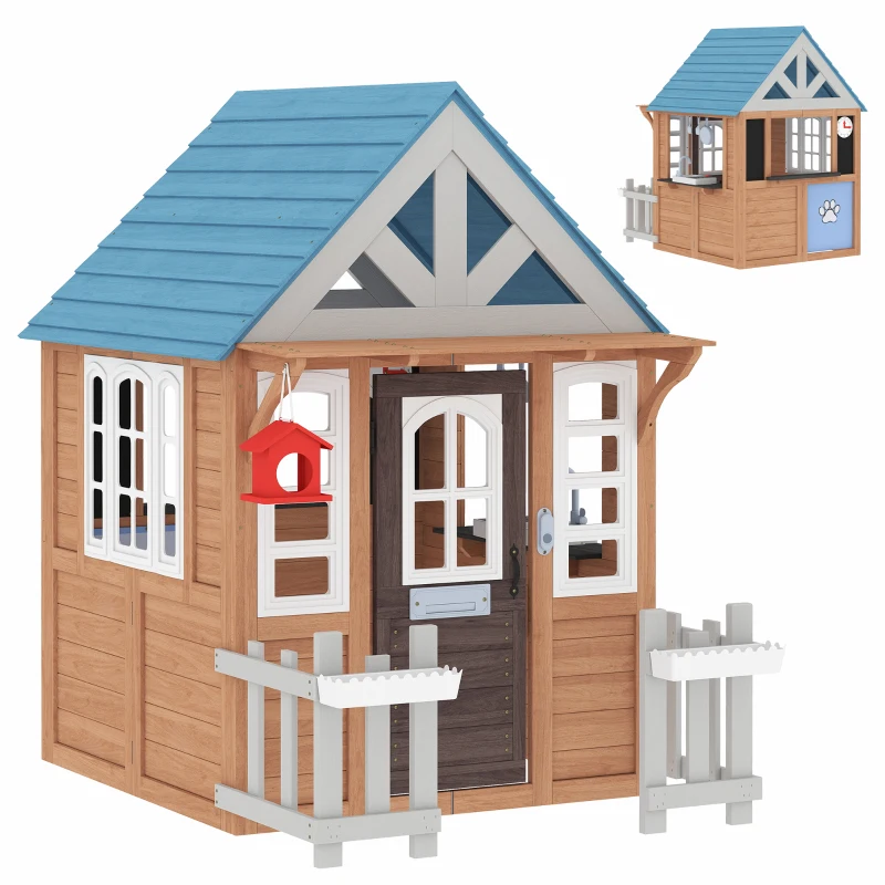 AIYAPLAY Cabane enfant extérieur en bois, maison enfant extérieure/intérieure avec chatière, cuisine de jeu, marron