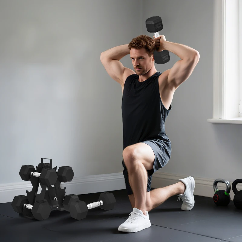 SPORTNOW Set de Gantere pentru Sala de Fitness cu Suport, 2x4kg, 2x6kg, 2x8kg, Greutăți Hexagonale din Metal cu Mâner Antiderapant, Antrenament de Forță Acasă, Negru