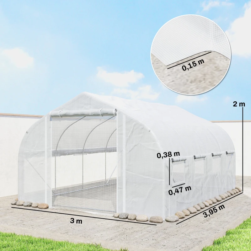 Outsunny Estufa Tipo Túnel 395x300x200 cm com Porta de Malha e 8 Janelas Estufa de Jardim com Cobertura de PE Branco