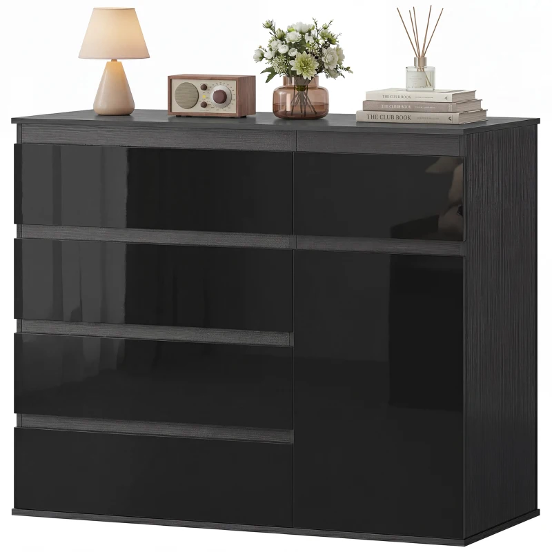 HOMCOM Modern dressoir, opbergdressoir met 5 lades, verstelbare plank, soft-close deur, zwart hoogglans