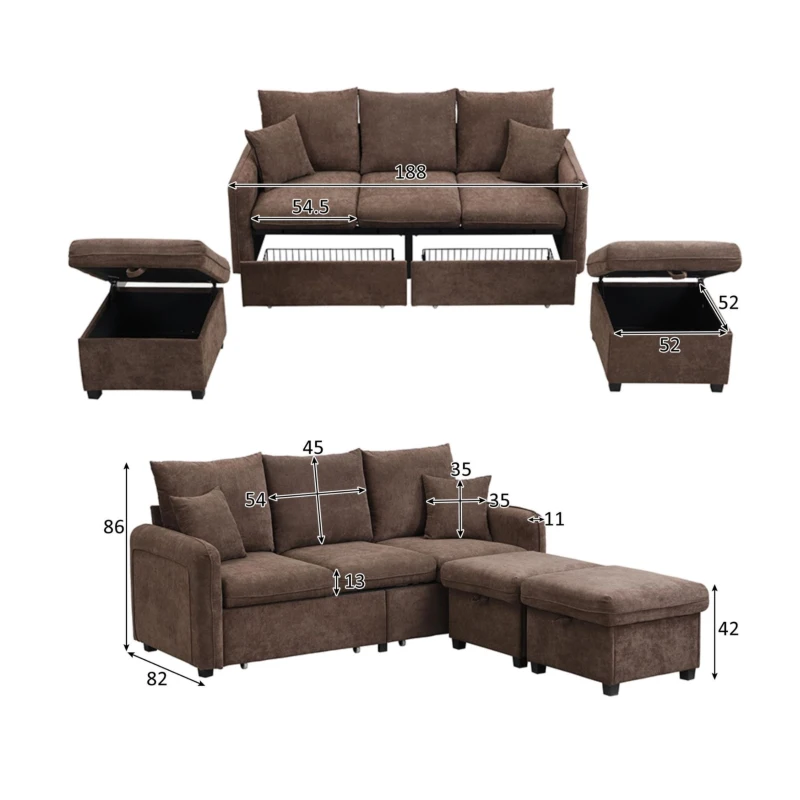 Divano angolare a U, con vano contenitore, pouf incluso, rivestimento in chenille, 188x186x86 cm, Marrone