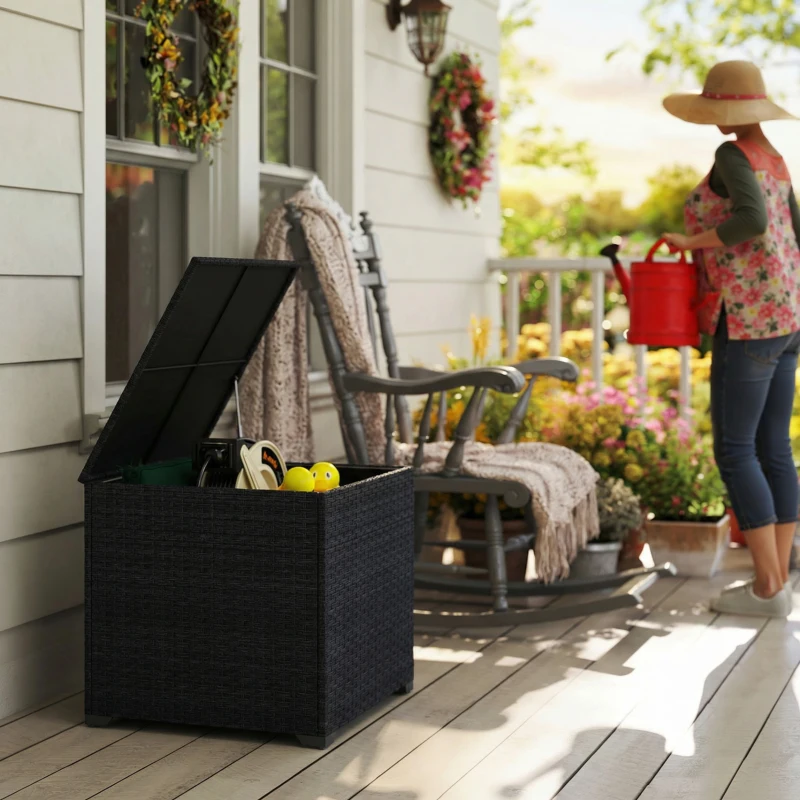 Outsunny Coffre de jardin en résine tressée coffre de rangement extérieur 253 L imperméable avec doublure zippé 72x72x70cm noir