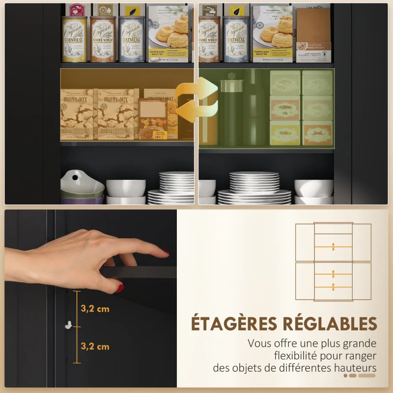 HOMCOM Buffet haut cuisine, armoire de cuisine avec 4 portes, tiroir et étagères réglables, 76,2 x 40,2 x 183 cm, noir