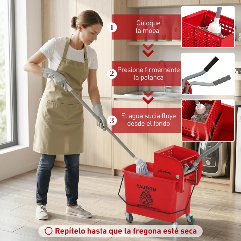 HOMCOM Cubo de Fregar con Escurridor Panel Separador y Ruedas Capacidad 20L para Limpieza Doméstica 45x26,5x70 cm Rojo