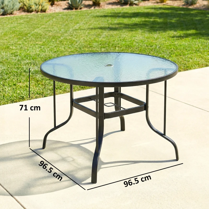Outsunny Tempered Glass Top Round Outdoor Dining Table with Parasol Hole, 96.5 x 96.5 x 71 cm