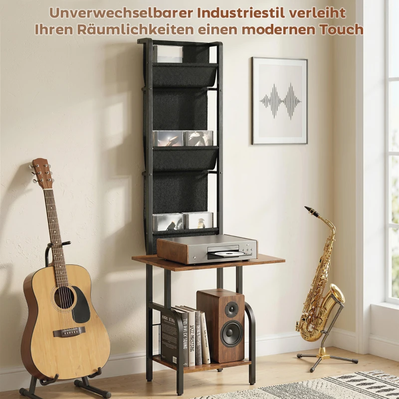 HOMCOM Industrielles CD-Regal, CD-Aufbewahrung, DVD-Ständer mit 3 Stofftaschen und Tischplatte, Rustikale Holzoptik in Braun