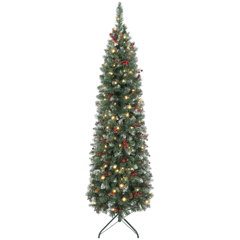 HOMCOM Albero di Natale Illuminato con 200 Luci LED, 42 Pigne e 42 Grappoli di Bacche, Ø65x180 cm, Verde e Argento