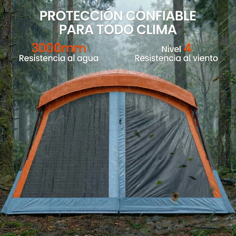 Outsunny Tienda de Campaña Familiar Tipo Túnel para 4 Personas con 2 Habitaciones Puertas Tragaluces Impermeable Fácil Montaje