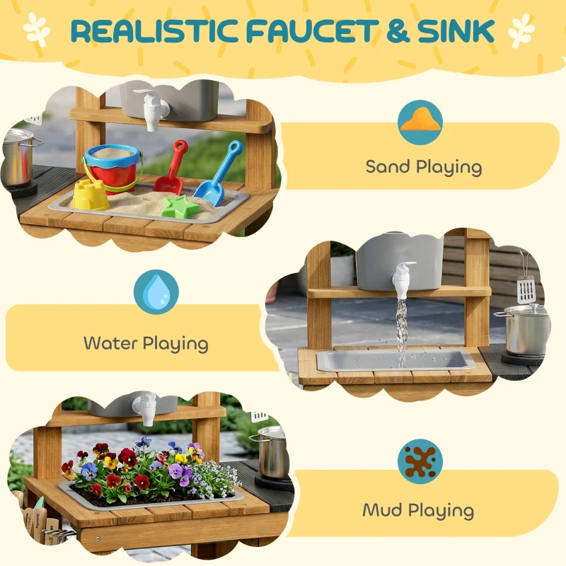 AIYAPLAY Wooden Mud Kitchen with Wheels, Stove, Faucet, Flower Pots, Stainless Steel Accessories for Toddlers 3-6, Brown