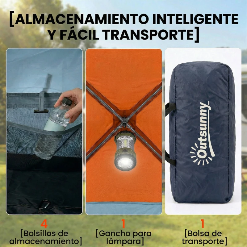 Outsunny Tienda de Campaña Familiar Tipo Túnel para 4 Personas con 2 Habitaciones Puertas Tragaluces Impermeable Fácil Montaje