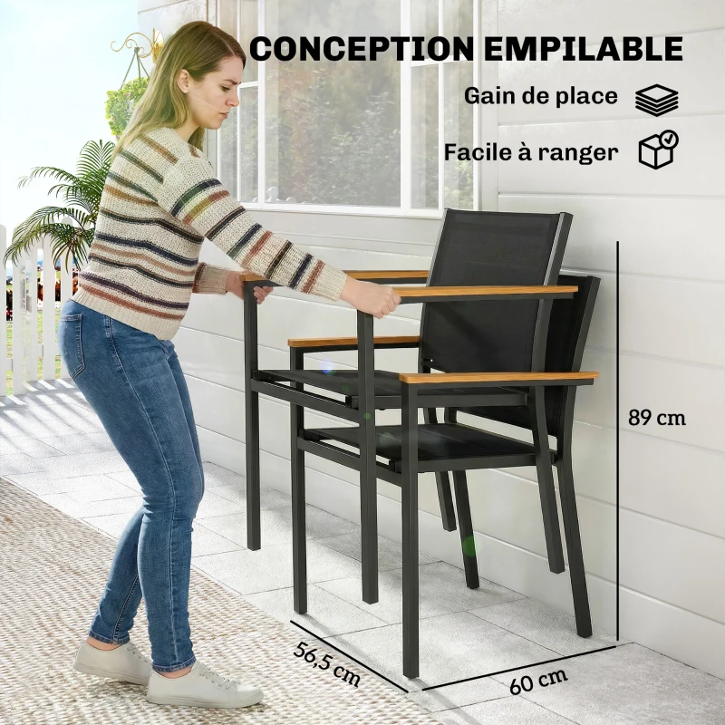 Outsunny Lot de 2 Chaises de Jardin Empilables, Assise et Dossier Rembourrés, Accoudoir en Bois Plastique, 56x55x85cm, Gris Foncé