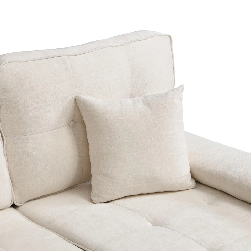 Divano angolare a L in chenille, pouf mobile, cuscini inclusi, 195x149x86 cm, Beige chiaro