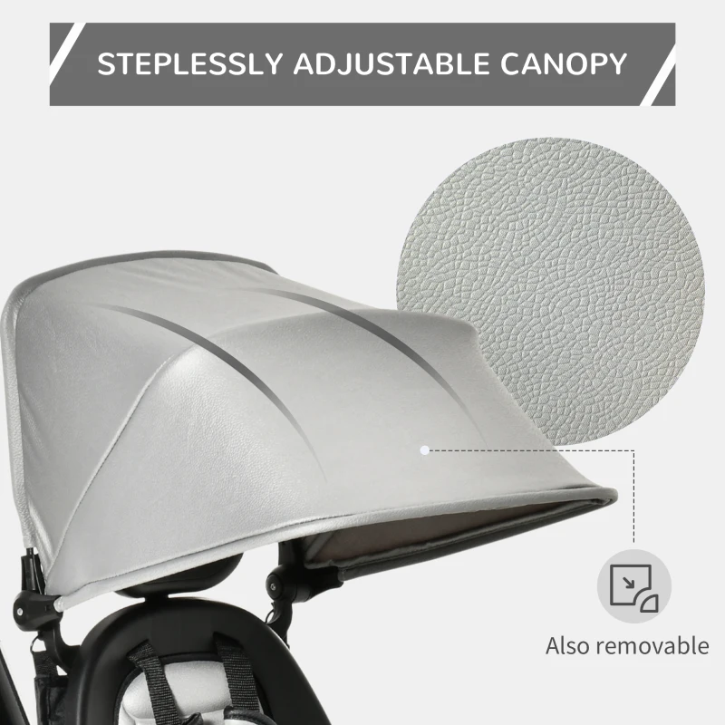 HOMCOM 4 in 1 Kids Trike Toddler Foldable Pedal Tricycle w/ Reversible Angle Adjustable Seat Removable Handle Canopy Belt Brake - Grey